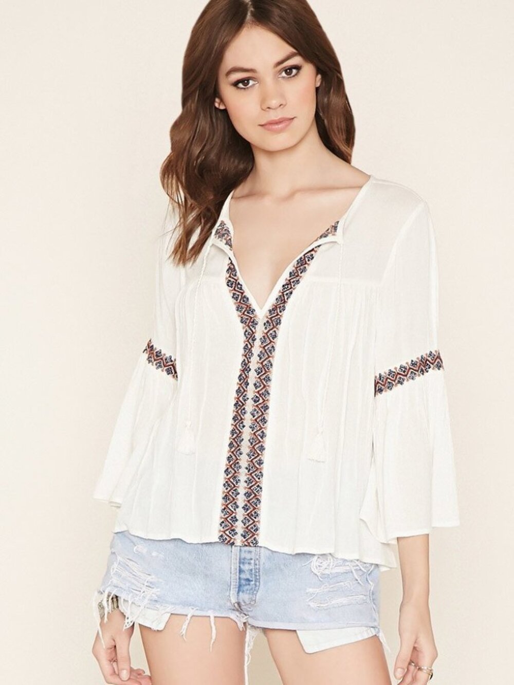 Forever 21 Cream Women's Lace-Embroidered Peasant Top Small S